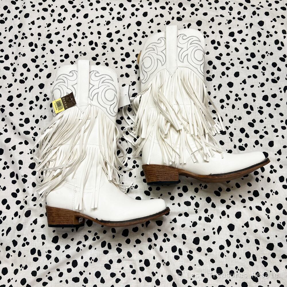 NEW Roper | White Fringe Western Cowboy Boots Faux Leather Womens Size 6.5 NWT - Picture 3 of 7
